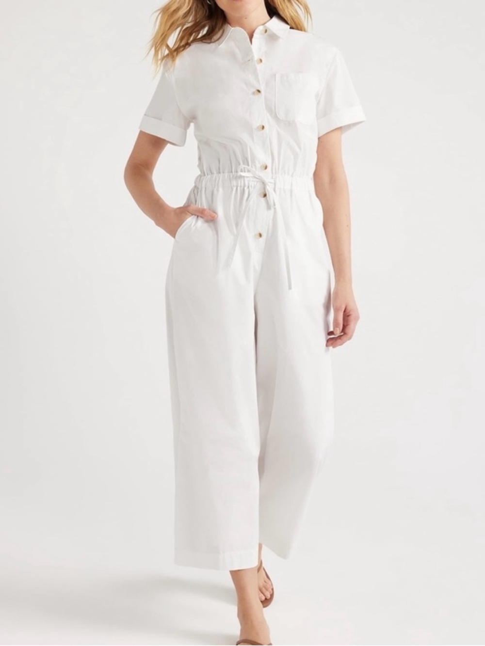 White Short-Sleeve Drawstring Waist Jumpsuit